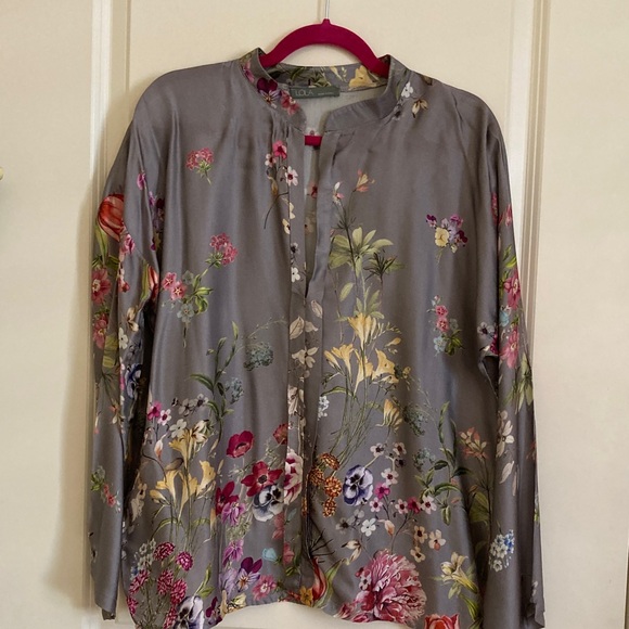 lola Tops - Lola Floral Satin Button-Front Blouse — Gray with Pink, Yellow & Green